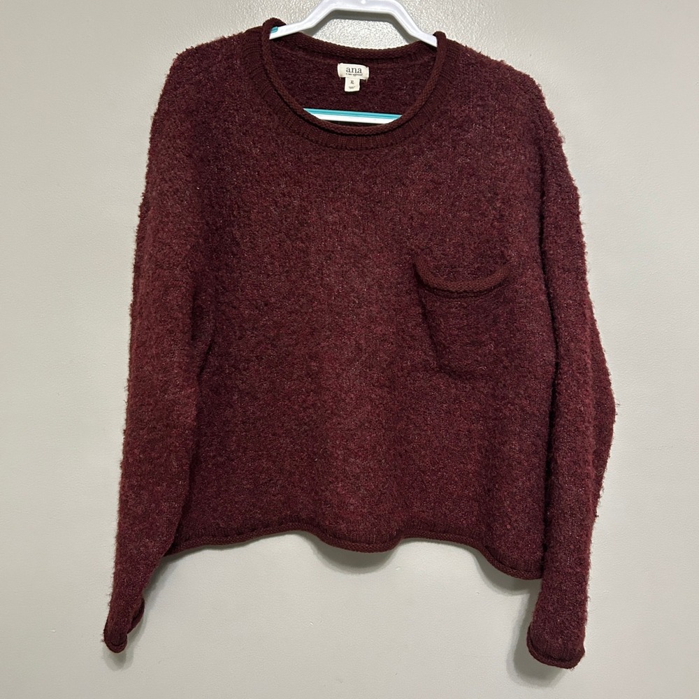 Ana Sweater Women XL Burgundy Textured Pocket Pullover Wool Oversized Fall Hygee